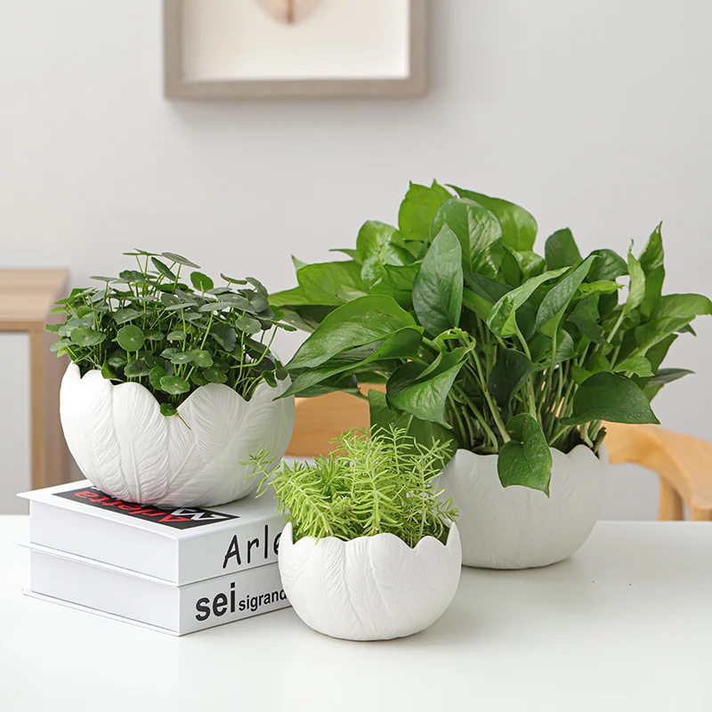 

European style ceramic creative white feather large diameter hydroponic pottery pot with tray personalized flowerpot