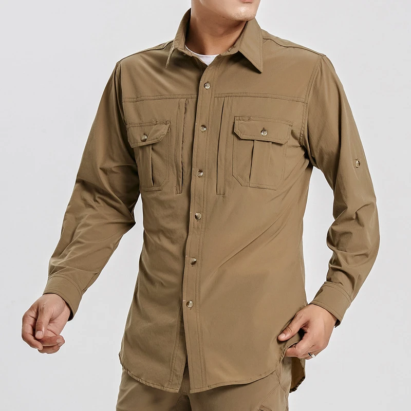 Brown Shirt 4XL Большие размеры для мужчин эластичная быстросохнущая дышащая рубашка одежда милитари тактическая рубашка уличный для прогулок и рыбалки футболкой с коротким рукавом, футболка и штаны - Цвет: Brown Shirt