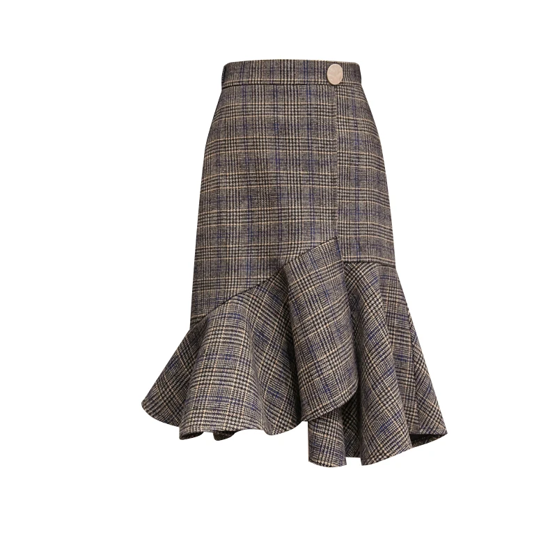 

LUKAXSIKAX 2020 New Autumn Winter Women Skirt High Quality Runway Retro Plaids Asymmetric Hem High Waist Mermaid Skirt