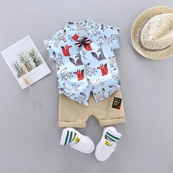 

New cotton and linen shirt short sleeve two-piece boy clothes summer short-sleeved casual shorts suit cartoon printing baby suit
