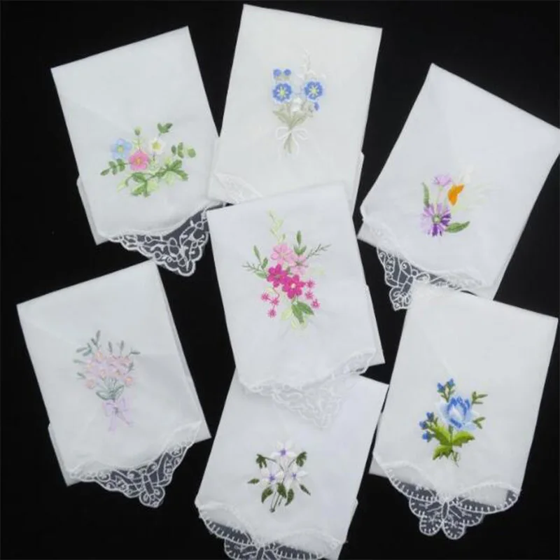 3PCS Luxury Cotton Women Hankies Embroidered Lace Flower Hanky - Main Image