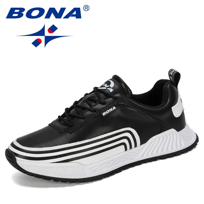 Black white BONA/Новинка года; дизайнерская популярная мужская повседневная обувь; высокое качество; трендовые уличные Нескользящие Модные мужские кроссовки; Zapatos; удобная обувь - Цвет: Black white
