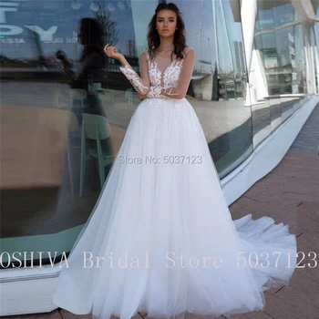 

2021 Sheer Long Sleeves Lace Appliques A-Line Wedding Dresses V-Shape Back Tulle Princess Garden Bridal Gowns Formal Brides