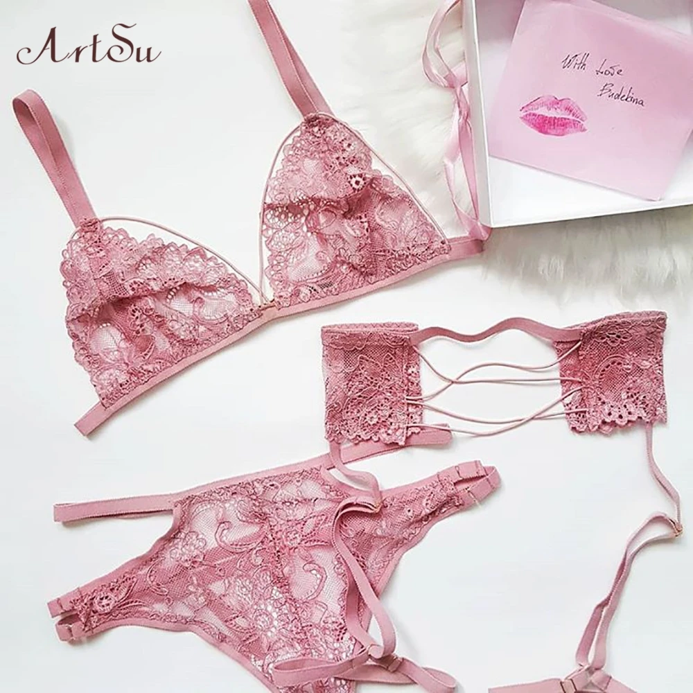 Beste ArtSu Leuke Roze Kant Lingerie Set Intimi Ondergoed En Panty Set Mouwloze Backless Slips Set 3 Stuks Sexy Beha ASSU60432