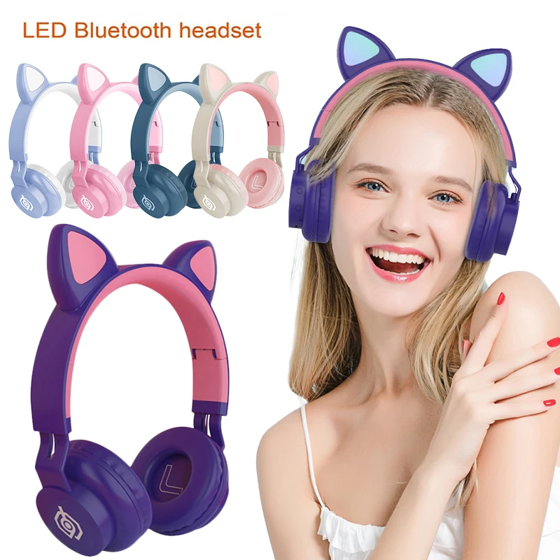 

Wireless Headphone Bluetooth5.0 Headset Cat Ear Earphone LED Lights with Microphone for PC Laptop Phone Earphones & Headphones