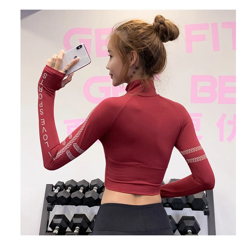 Женский укороченный топ для спортзала, рубашки для йоги с длинным рукавом на молнии, топы для тренировок, фитнеса, бега, спортивные футболки для тренировок, йоги, спортивная одежда, сексуальная облегающая одежда