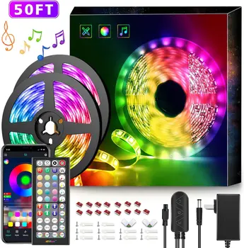 

50Ft LED Strip Lights Music Sync Color Changing RGB LED Strip 44-Key Remote, Sensitive Built-in(APP+Remote+Mic+3 Button Switch)