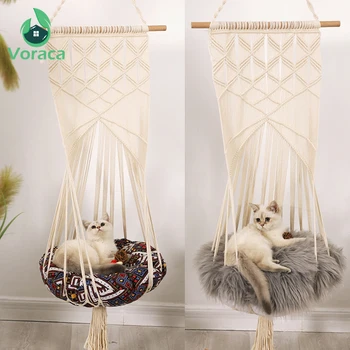 

Boho Style Cat Swing Cage Bed Handmade Hanging Sleep Chair Seats Tassel CatsToy Cotton Rope Macrame Tassel Pets Supplies House