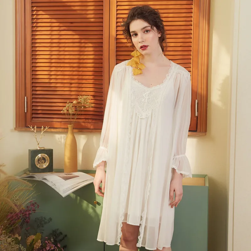 

Wasteheart White Pink Women Fashion Sleepwear Nightwear Lace Long Sexy Robes Gown Cotton Woven Female Pajama Sets Homewear 2 Pcs