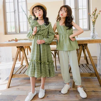 

2020 new spring sunmer dress short pants set green Spirit Casual Cotton Plaid Pullover Pastoral style girls clothes Mori girl