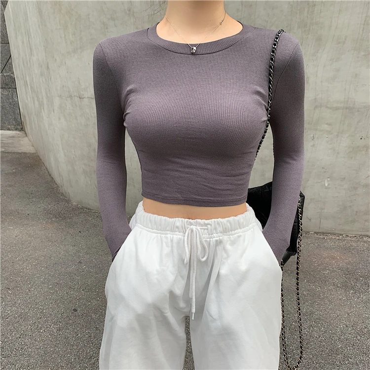 Women O-neck Cropped T-shirts Girls Full Sleeve Sheath Thin Tshirt Basic Crop Tops For Female GR2100