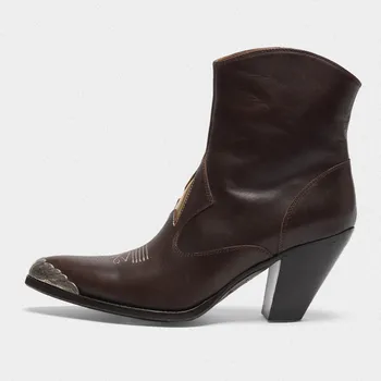 

Genuine Leather Boots Women Retro Old Colors Metal Pointy Toe Botines High Cone Heel Side Zip Botas Fashion Sewing Ankle Boots