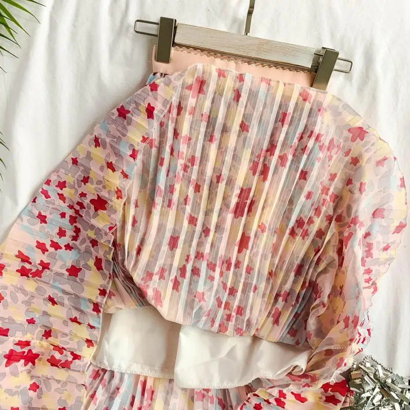 Весна-осень новые женские с высокой талией Maillot De Bain Femme с принтом звезд; в стиле «шифоновая плиссированная юбка женские элегантные юбки