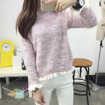 

Womens Sweaters 2019 Winter Tops O-neck Ruffle sleeve Patchwork Sweater Lady Pullover Jumper Knitted Sweater Femme Tops
