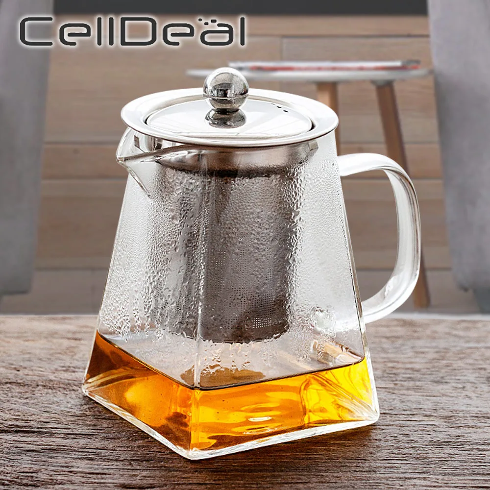 

350/550/750/950ML Heat Resistant Glass Stainless Steel Filtering Teapot Transparent Square Tea Maker Home Office Accessories