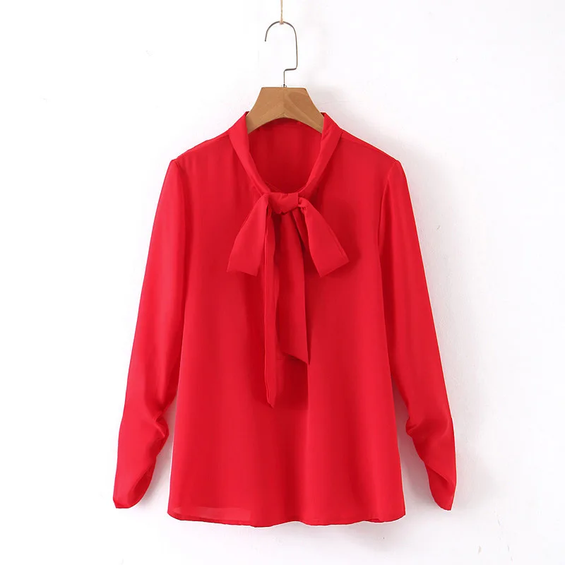 Blouses Woman 2019 Red Bow Tie Bow Folds Shirt Women Blouse Women Modis Camisa Femenina Womens Tops and Blouses