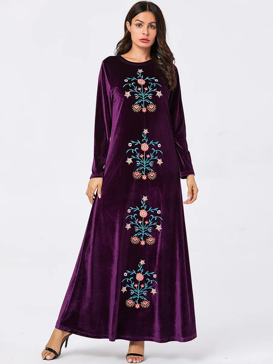 Elegant Velvet Abaya Muslim Embroidery Maxi Dress Cardigan Kimono Long Robe Gowns Middle East Eid Ramadan Islamic Prayer