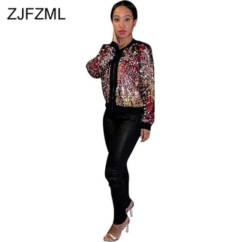 

Colorful Sequins Sexy Bomber Jacket Women Long Sleeve Front Zipper Cropped Coat Streetwear Causal Plus Size Slim Autumn Jackets