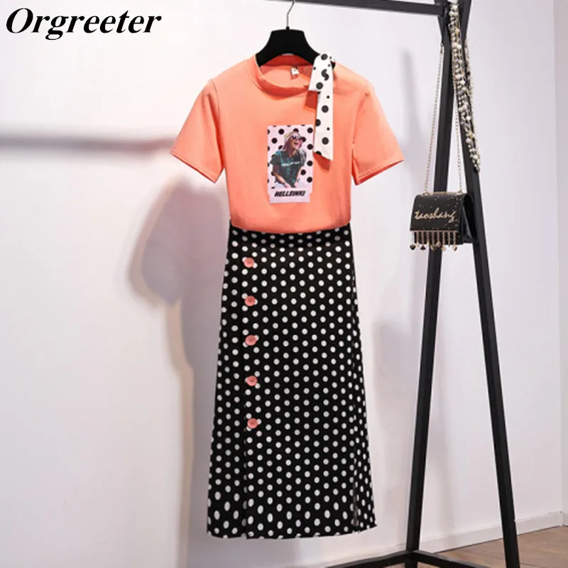2020 Summer New Bow Tie T-shirt + Button Deco Dot Printing Cotton Skirt Two Pieces Girls Lady Slim Skirts Sets Women Clothes | Женская