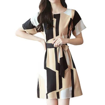 

Women Fashion Summer O-Neck Knee Length Short Sleeve Bandage Printing Dress Drop shipping Independent station Cute sexy festival