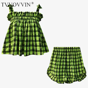 

loose Wide Leg Shorts Plaid Rufflfes Two Piece Suit Sleeveless Loose Fit Women Fashion Tide Spring Summer 2020 0LWY