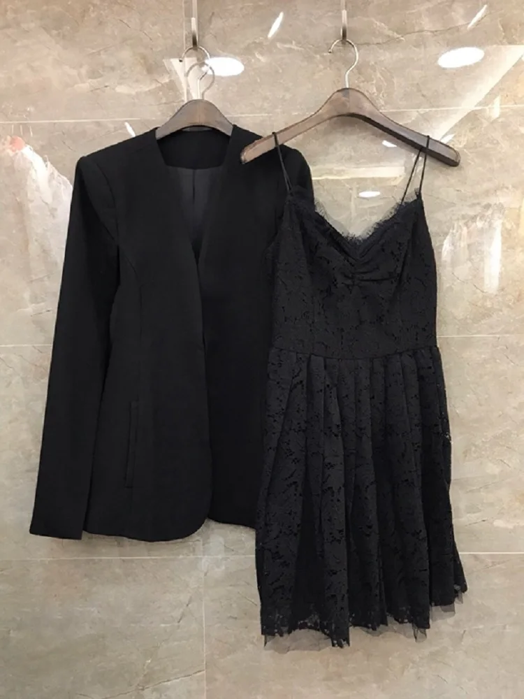High Quality Women's Set Spring Party Blazer Sets Ladies Cape Poncho Blazer Jackets+Strap Lace Short Dress Set White Black