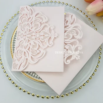 

Elegant Floral Printing Wedding Invitation Blush Customized Laser Cut Pocket Invitations for Bridal Shower with Envelop