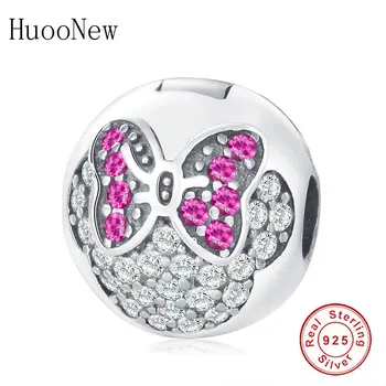 

Fit Original Charm Bracelet Red Zircon Pave Clear CZ Minnie Clip Charms Bead Pulseras 925 Sterling Silver Jewelry Bangle