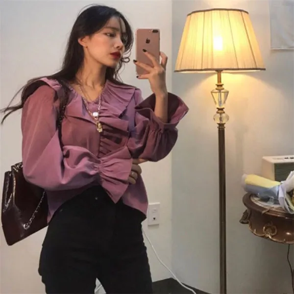 RUGOD Harajuku винтажная блузка с оборками Женские блузки с длинным рукавом Элегантная корейская модная одежда женские рубашки рубашка с расклешенными рукавами - Цвет: Фиолетовый
