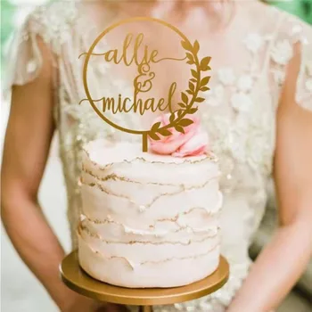 

Customized Bride and Groom Wreath Cake Topper Personalised Wedding Couple Name Gold Acrylic Wedding Custom Cake Topper