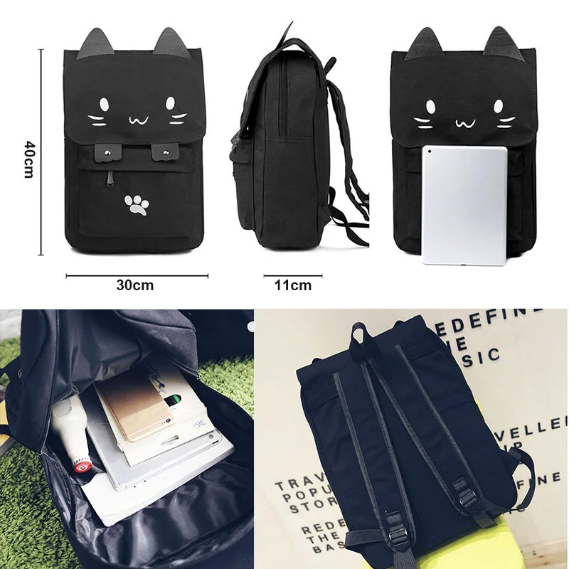 BEAU-fashion Cute Cat Embroidery Canvas Student bag Cartoons Women Backpack Leisure School bag