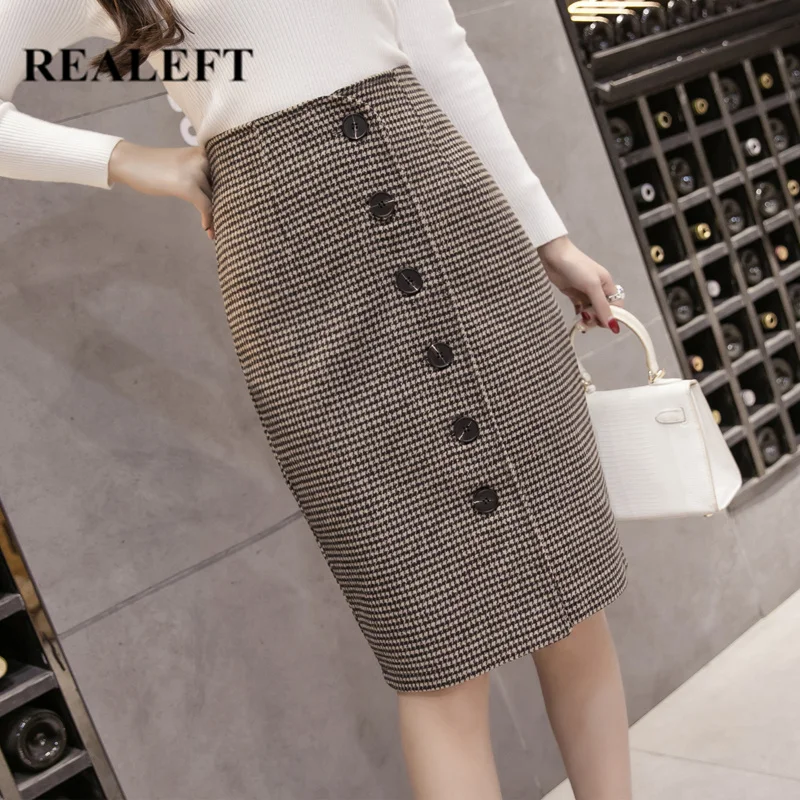 

REALEFT Autumn Winter Women Vintage Plaid Woolen Sheath Midi Skirts High Waist Button Pencil Wrap Skirts Female 2019 New Arrival