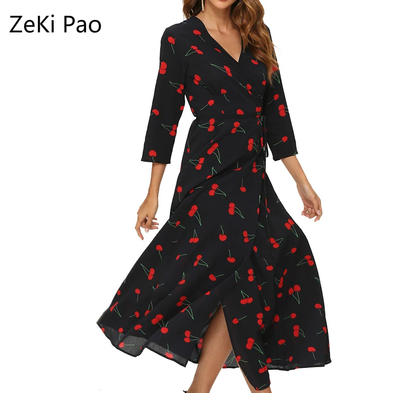 

2020 Spring and Summer Chiffon Dress Feminine Deep V-neck Floral Banquet Dress Elegant Seven-point Sleeve Split Dresses Vestidos