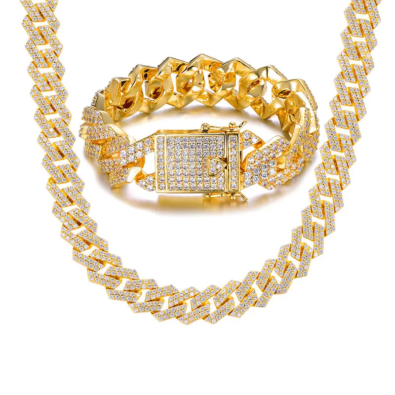 Хип-хоп 18 мм Bling Heavy CZ Iced Out, кубинская звеньевая цепь, полный кристалл, мужской браслет, ожерелье для мужчин, рэппер, ювелирное изделие 1"-24" - Окраска металла: 1set Gold