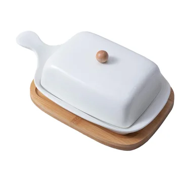 

1Pc Fashion Butter Plate with Lid Creative Ceramics Dish Chic Household Tableware with Handle for Home Hotel(White)