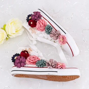 

Canvas Shoes Flowers Sewed Beautiful High Top Fashion Silk Strap Ribbon Color Minimalism Girls Women Lady Sneakers Flats
