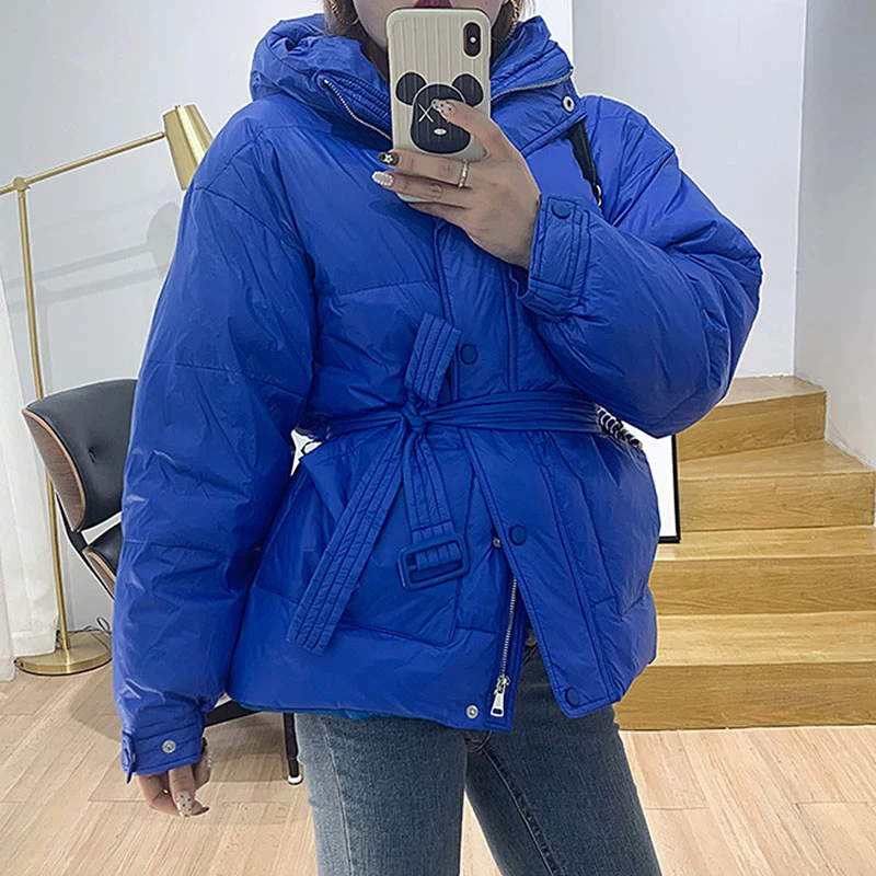 fahion Down Women Parka Winter hooded with belt Thick Warm light down jacket Female overcoat Parkas Casual Solid Coats Y70