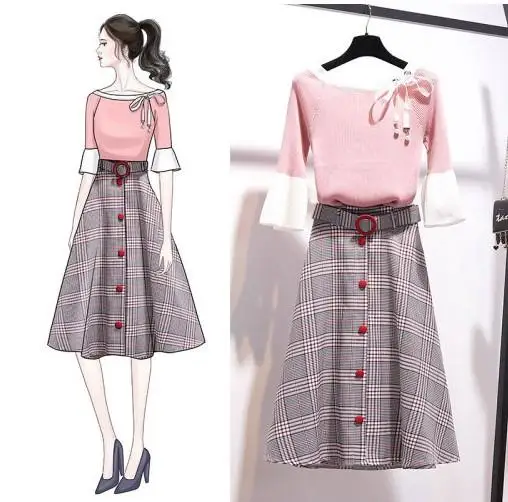 

ICHOIX Office ladies 2 Piece Set Women Set Clothing Sweet tops and skirt Two Piece Outfits Korean style Winter Plaid Skirt Set