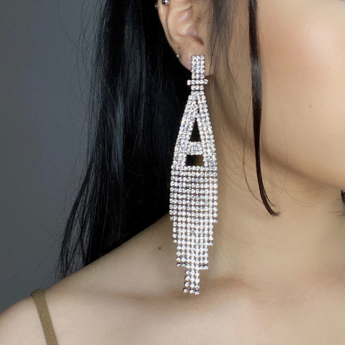 IngeSight.Z luxury shiny rhinestone alphabet initial letter A drop dangle earrings crystal long tassl earrings for women jewelry drop earrings dangle earrings crystal earrings crystal tassel earrings