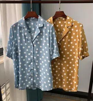 

Women 100% Silk Polka Print Shirt Short Sleeve Notched Simple Office Lady Blouse with Buttons