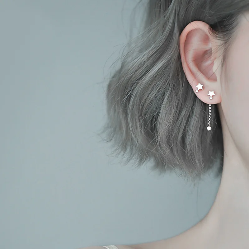 925 Sterling Silver Asymmetry Crystal Star Stud Earrings For Women Wedding Jewelry Hypoallergenic eh281 | Украшения и аксессуары