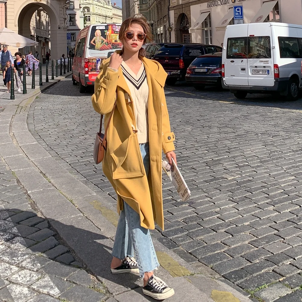 

Photo Shoot Toggle Woolen Jacket 2019 Winter New Style Hipster Vintage Laziness-Style Large Pocket Hooded Duffle Coat