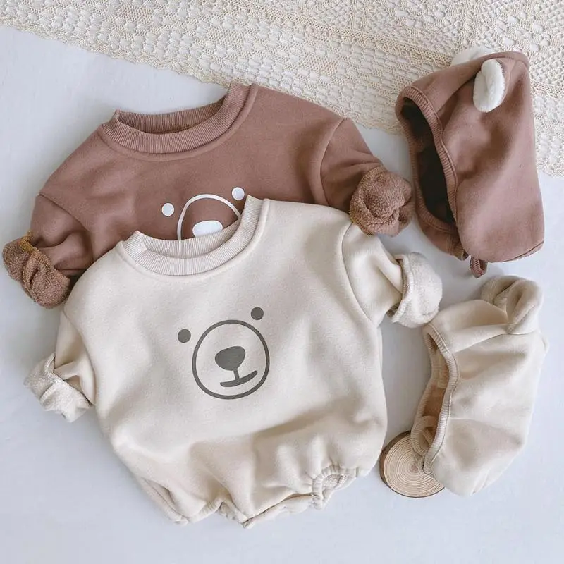 

Baby Boys Girls Cute Cartoon Bear Print Long Sleeve Bodysuit With Hat Cotton Kids Infant Winter Plus Velvet Thicken Jumpsuits