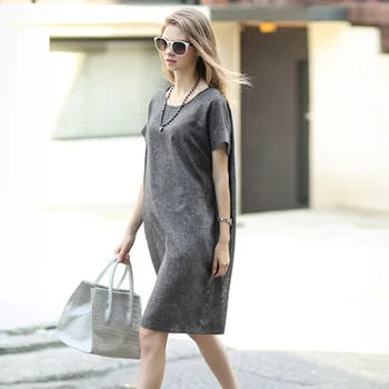 

Summer Short Sleeve Linen Loose Dress For Women O-neck Sexy Solid Color Stretch Dress Sweet Knee-Length Party Dress Summer