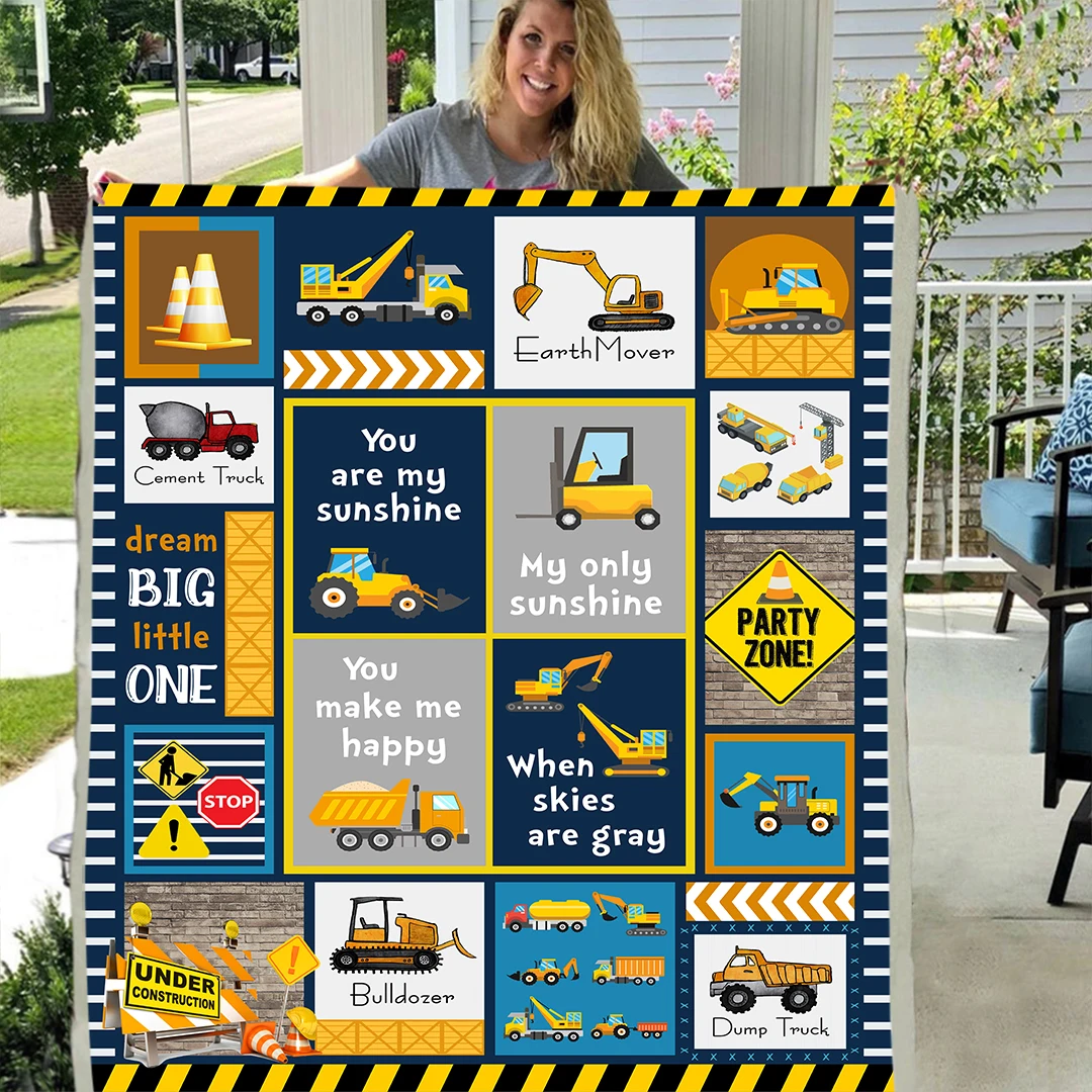 Heavy Equipment Cartoon Dump Truck Earth Mover Bulldozer Cement Trucks Soft Throw Plush Sherpa Fleece Blanket | Дом и сад