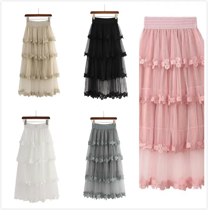 

1 piece embroidery flower tutu skirt women spring autumn multi-layer Mesh cake skirt ruffled long tulle skirt voile tassel skirt