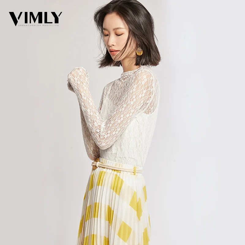  Vimly Women Sweet Lace Transparent Blouse Female Hollow Out Stylish Shirts Blusas Solid Sexy Ladies