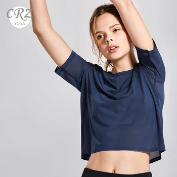 

CRZ YOGA Women's Mesh Short Sleeve Moisture Wicking Cropped Sport Shirts