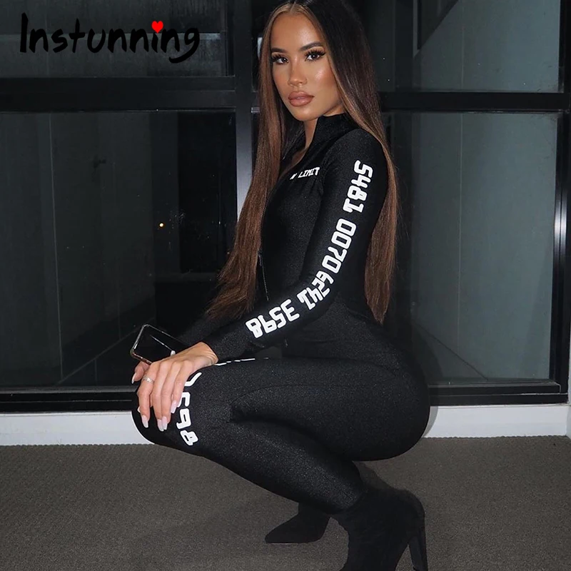 

Instunning High Street Reflective Tracksuit Women Sexy Zipper Turtleneck Long Sleeve Slim Elastic Jumpsuit Casual Sport Outfit