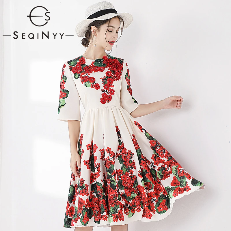 

SEQINYY Knee Dress 2020 Autumn Spring New Fashion Design Women Half Sleeve Red Hydrangea Appliques A-line Print Dress